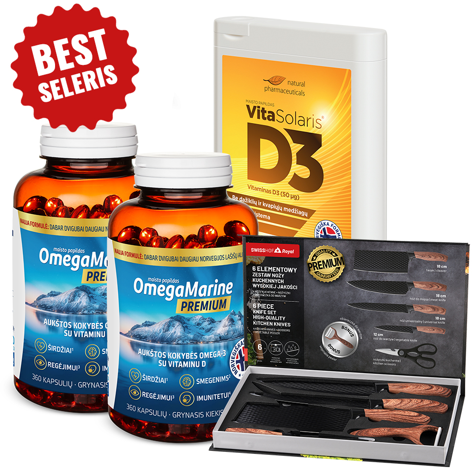 Natural Pharmaceuticals VitaSolaris® D3  Natūralių vaistų rinkinys: du buteliukai OmegaMarine™ Premium maisto papildo (360 kapsulių), pakuotė VitaSolaris® D3 (360 tablečių) ir Leo Bernard aukso moteriškas laikrodis. Kairiajame viršutiniame kampe yra raudonas užrašas „BEST SELERIS“.  