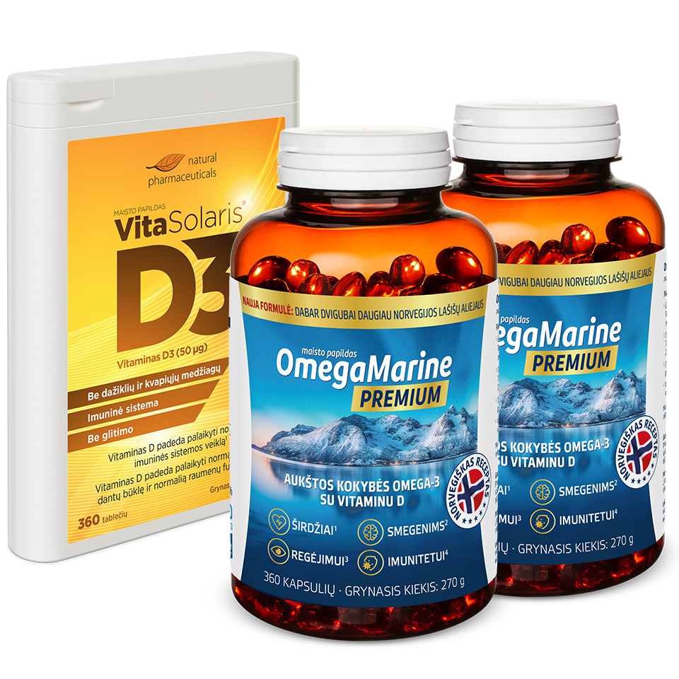 Natural Pharmaceuticals VitaSolaris® D3 Natūralių vaistų papildų rinkinys: du buteliukai OmegaMarine™ Premium (360 kapsulių) ir viena pakuotė „VitaSolaris® D3“ (360 tablečių).