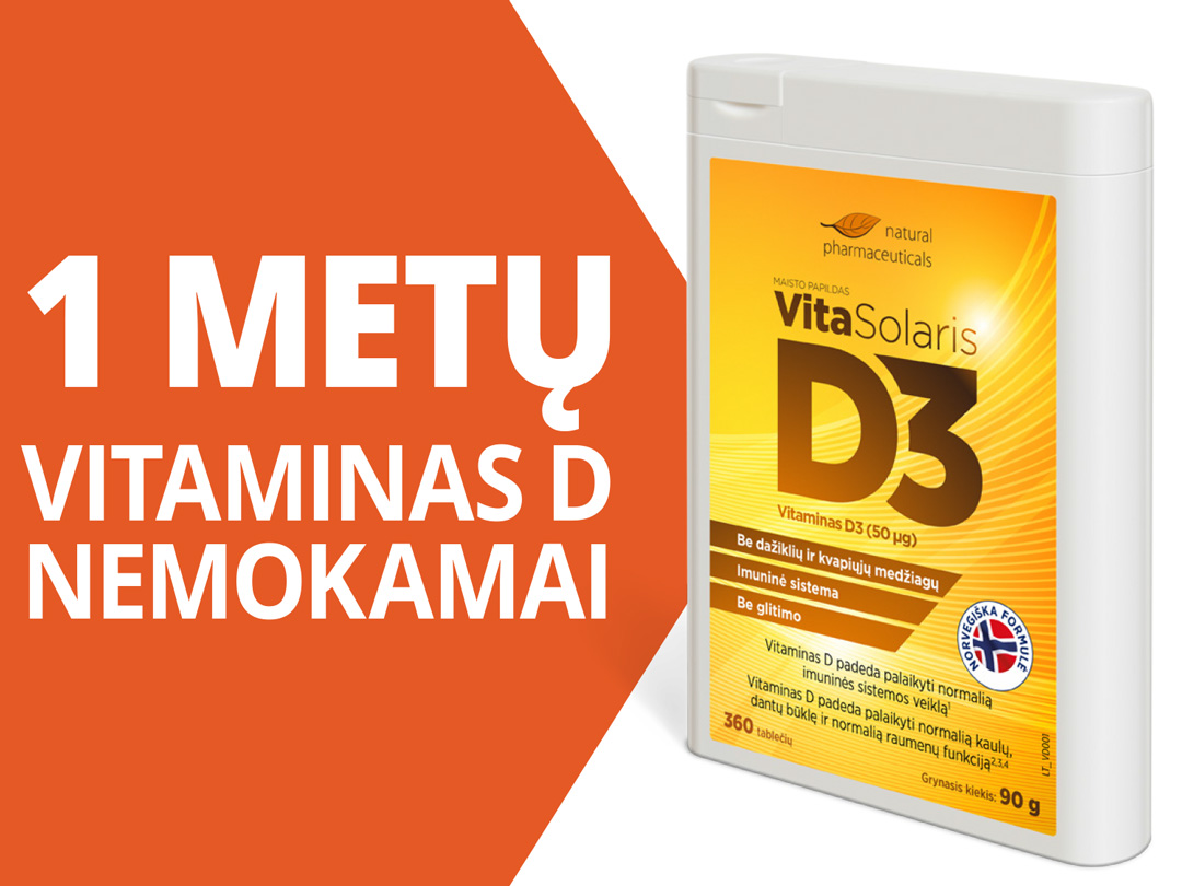 Natural Pharmaceuticals „VitaSolaris® D3“ „VitaSolaris® D3“ vitamiiniga D3 (3000 IU) toidulisandi pakend, mille kõrval on oranž bänner kirjaga: „TASUTA AASTA VARU D-vitamiini”.