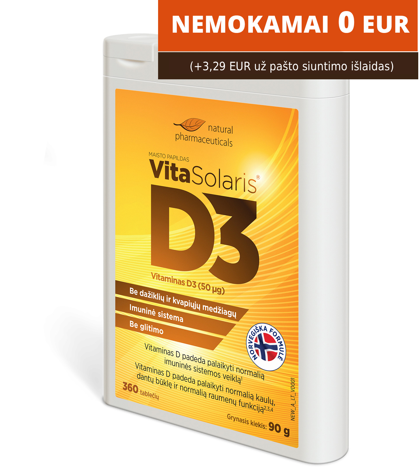Natural Pharmaceuticals „VitaSolaris® D3“ Maisto papildo „Natural Pharmaceuticals „VitaSolaris® D3“ (50 µg, 360 tablečių) pakuotė su užrašu raudoname stačiakampyje: „Nemokamai 0 EUR“ i pastaba „+ 3.29 EUR už pašto siuntimo išlaidas“.